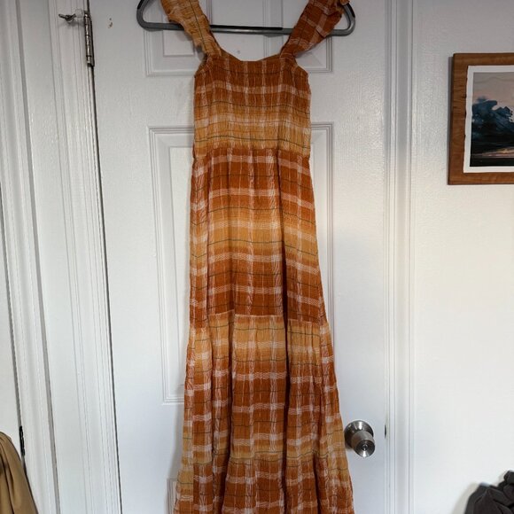 Anthropologie Maxi Dress – Orange Plaid, Tiered, Smocked Bodice, Ruffle Straps - Picture 6 of 8